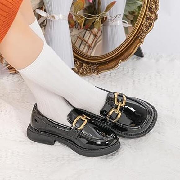 New Oamico Toddler Girls 13 Shiny Black Gold Buckle Slide On Loafer Dress Shoes - Picture 5 of 5